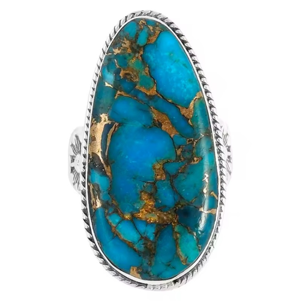 Faux Turquoise Silver Tone Statement Ring Women Large Chunky Big Teardrop Size 8